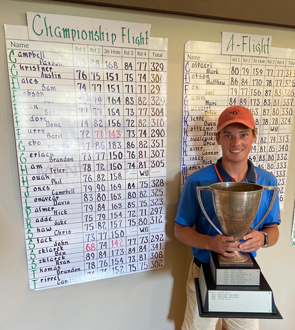 Bazil Furry, poses with the A.R. Erskine Trophy Sunday at Erskine Park Golf Course after winning the 97th Greater South Bend Men's Metro Golf Championship in 2021. He looks to repeat in 2022.
(Photo: Photo provided/JOHN FINERAN)