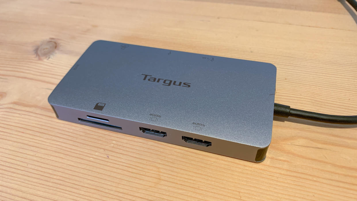  Targus USB-C Dual HDMI 4K Docking Station on a wooden surface. 