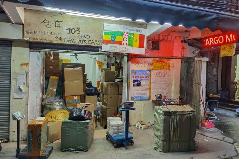 National flags of Ethiopia and Senegal are seen at a delivery logistics point, in Guangzhou's Xiaobei neighborhood