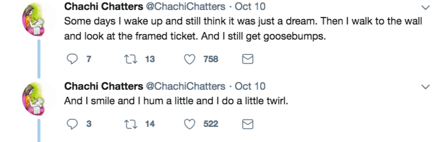 A woman recounts on Twitter the time she met a musician and how it became one of her “fondest” memories. (Photo: @ChachiChatters via Twitter)