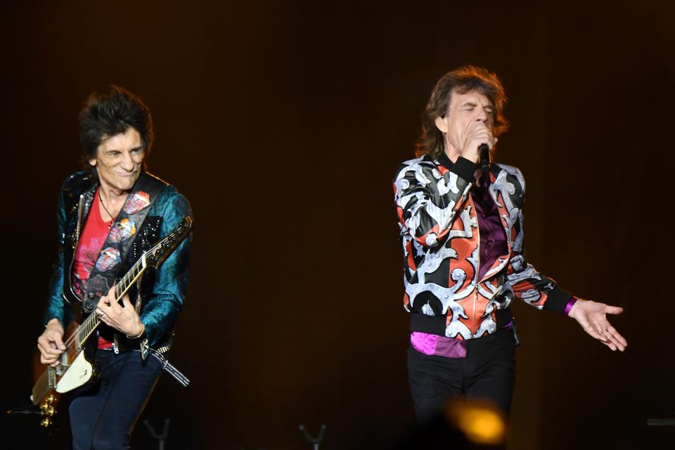 Ronnie Wood and Mick Jagger of The Rolling Stones perform a concert at The Velodrome Stadium in Marseille on June 26, 2018, as part of their 'No Filter' tour. (Credit: BORIS HORVAT/AFP/Getty Images)