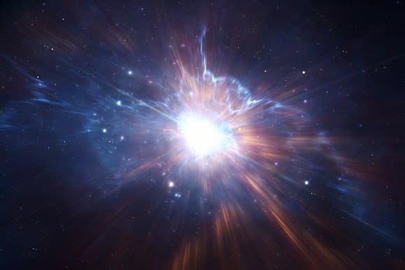 An explosion in space signifying the Big Bang.