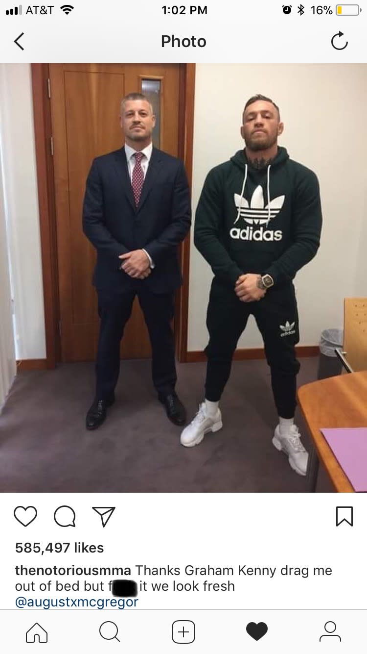 Conor McGregor poses with his lawyer Graham Kenny. (Instagram/@thenotoriousmma)