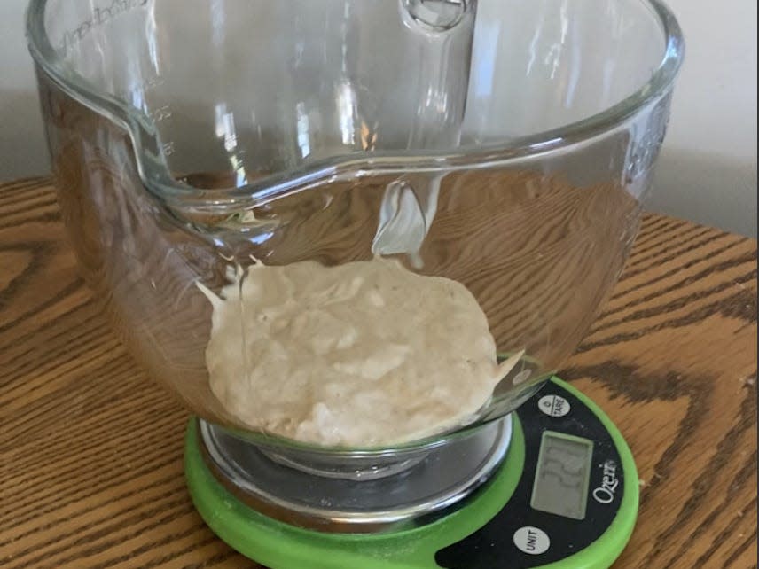 Clear bowl with bread starter on top of green kitchen scale