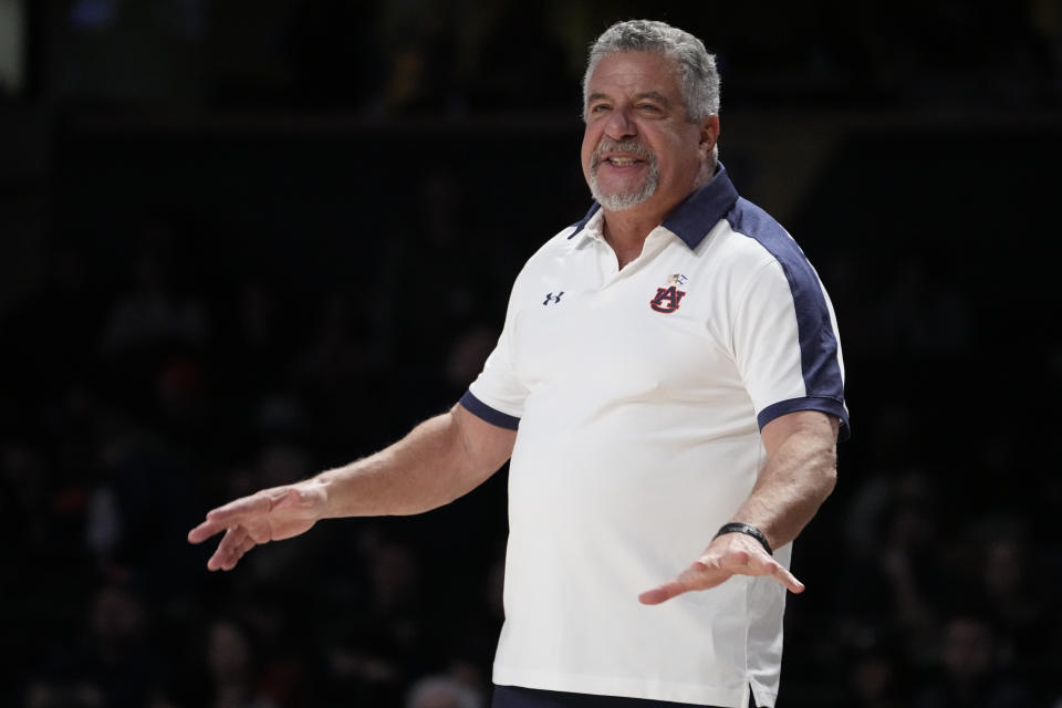 Auburn head coach Bruce Pearl yells at his players during the second half of an NCAA college basketball game against the Vanderbilt, Wednesday, Jan. 17, 2024 in Nashville, Tenn. Auburn won 80-65. (AP Photo/George Walker IV)