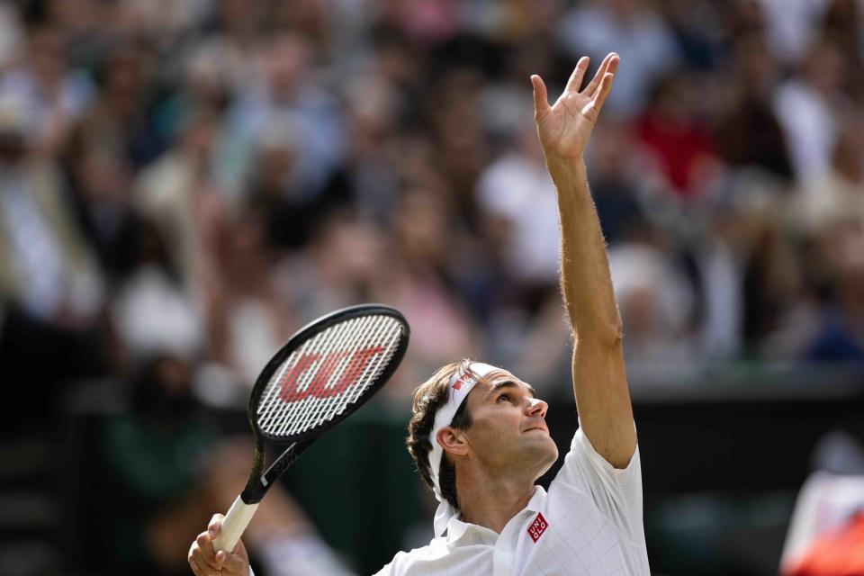 Roger Federer of Switzerland in action during the Men's Singles Quarter Final against Hubert Hurkacz of Poland at The Wimbledon Lawn Tennis Championship at the All England Lawn and Tennis Club at Wimbledon on July 7th, 2021 in London, England.