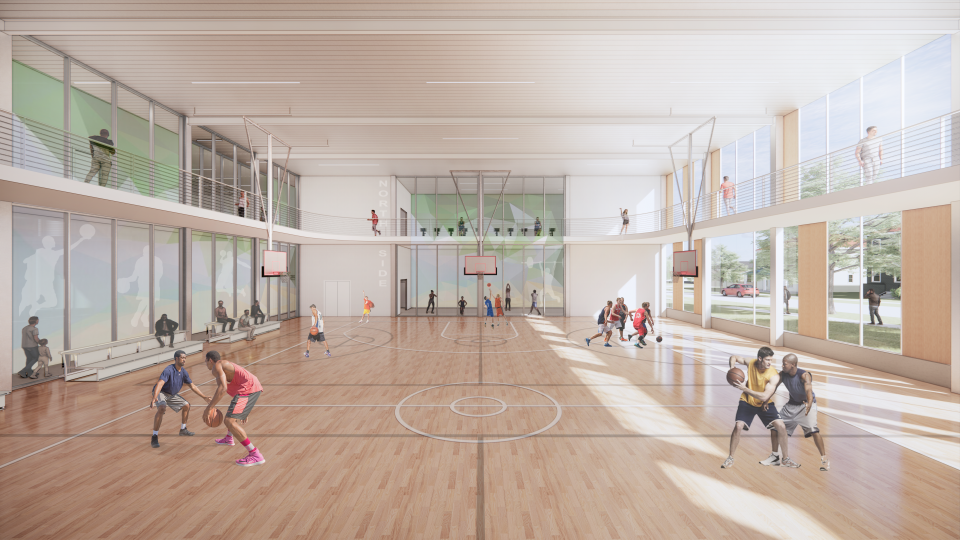 A conceptual view of the gym at the Reichardt Community Recreation Center in Des Moines.