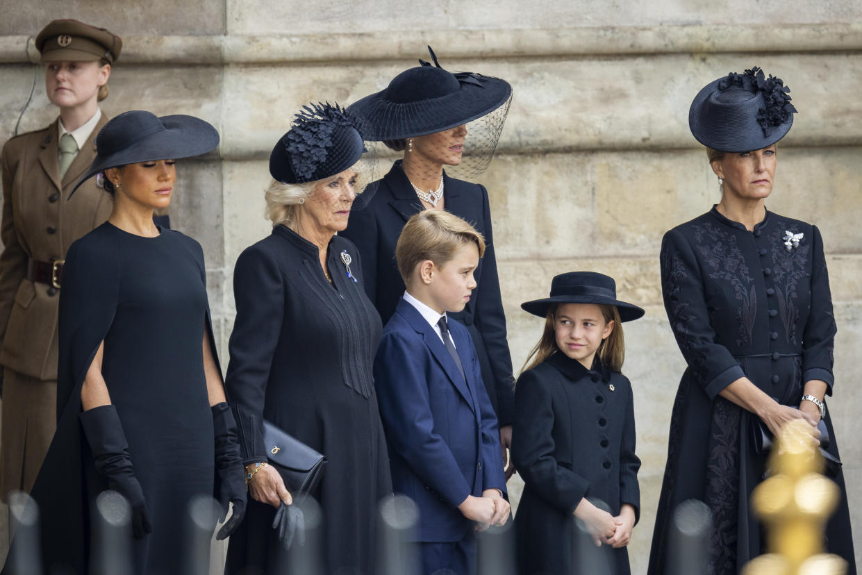 Meghan, Duchess of Sussex, Camilla, Queen Consort, Prince George of Wales, Catherine, Princess of Wales, Princess Charlotte of Wales and Sophie, Countess of Wessex outside of Westminster Abbey following the state funeral service. (Photo: Adam Gerrard- WPA Pool/Getty Images)