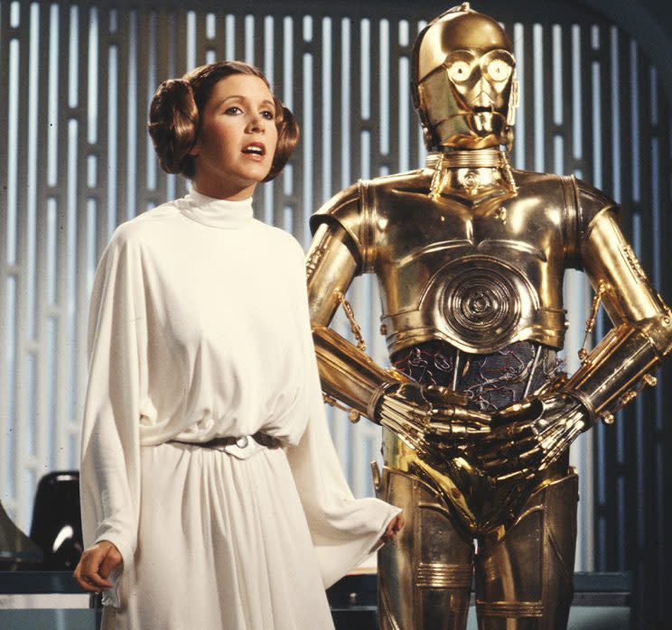 Carrie Fisher (as Princess Leia Organa) and Anthony Daniels (as C3PO) star in the CBS television 