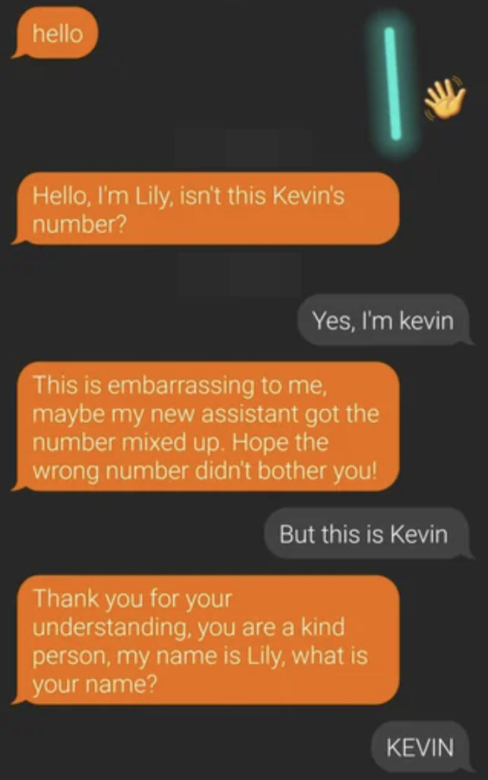 "Hello, I'm Lily, isn't this Kevin's number?" "This is embarrassing to me, maybe my new assistant got the number mixed up" and "Thank you for understanding, you are kind, my name is Lily, what is your name?" and person says they're Kevin each time