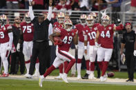 San Francisco 49ers' Trenton Cannon returns a kickoff against the Green Bay Packers during the first half of an NFL football game in Santa Clara, Calif., Sunday, Sept. 26, 2021. (AP Photo/Tony Avelar)