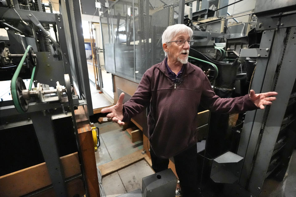 Thomas Giberti describes the chaotic scene in which he saved several children by hustling them into the room that houses the pinsetting machines at a bowling alley, Wednesday, May 1, 2024, in Lewiston, Maine. Giberti survived despite being was hit by numerous bullets and shrapnel. (AP Photo/Robert F. Bukaty)