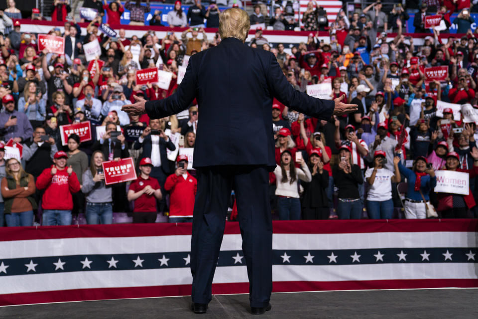 President Donald Trump arrives to speak at a campaign rally at The Broadmoor World Arena, Thursday, Feb. 20, 2020, in Colorado Springs, Colo. (AP Photo/Evan Vucci)