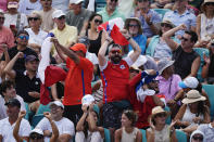 Fans cheer for Nicolas Jarry, of Chile, during his match against Casper Ruud, of Norway, in their men's singles fourth round match at the Miami Open tennis tournament, Tuesday, March 26, 2024, in Miami Gardens, Fla. (AP Photo/Rebecca Blackwell)