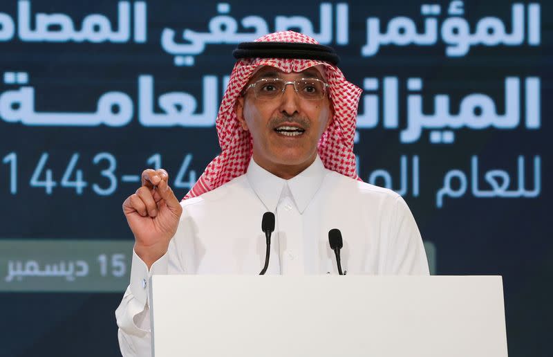 Saudi Minister of Finance Mohammed al-Jadaan holds a news conference to announce the country's 2021 budget, in Riyadh