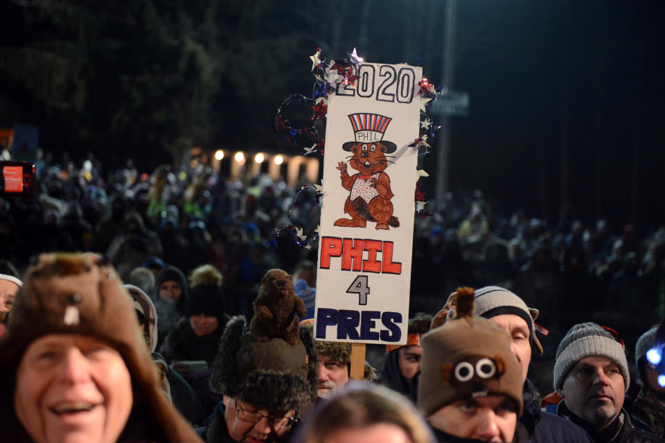 A fan holds a sign supporting Punxsutawney Phil on Groundhog Day in Punxsutawney, Pa. Feb. 2, 2019. (Photo: Alan Freed/Reuters)