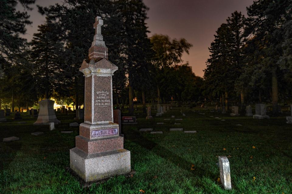 Charles Barrett’s gravestone stands at Woodlawn Cemetery on Tuesday, October 11, 2022, in Sioux Falls.