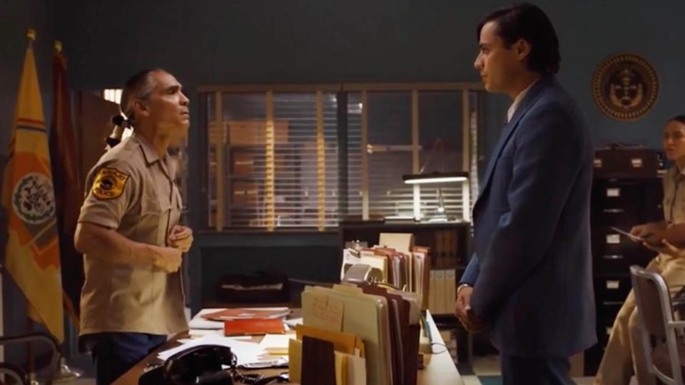 Kiowa Gordon as Jim Chee talking to Zahn McClarnon as Joe Leaphorn in Dark Winds