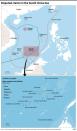 Map showing claims and occupations in the South China Sea, including a detailed map of the Spratly Islands