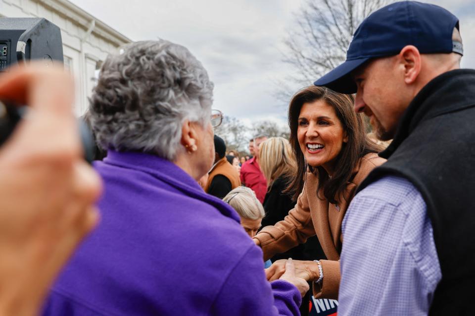 Former South Carolina Gov. Nikki Haley, also a former U.S. ambassador to the United Nations, campaigns for president in Camden, S.C., on Feb. 19, 2024, five days before the state's Republican primary.