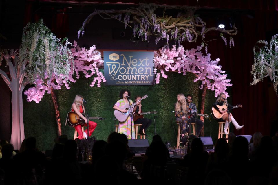 Class of 2023's Alana Springsteen, Julie Williams, Carter Faith and Megan Moroney perform onstage for CMT Next Women of Country: 10-Year Anniversary & Class of 2023 Reveal at City Winery Nashville on January 17, 2023 in Nashville, Tennessee.