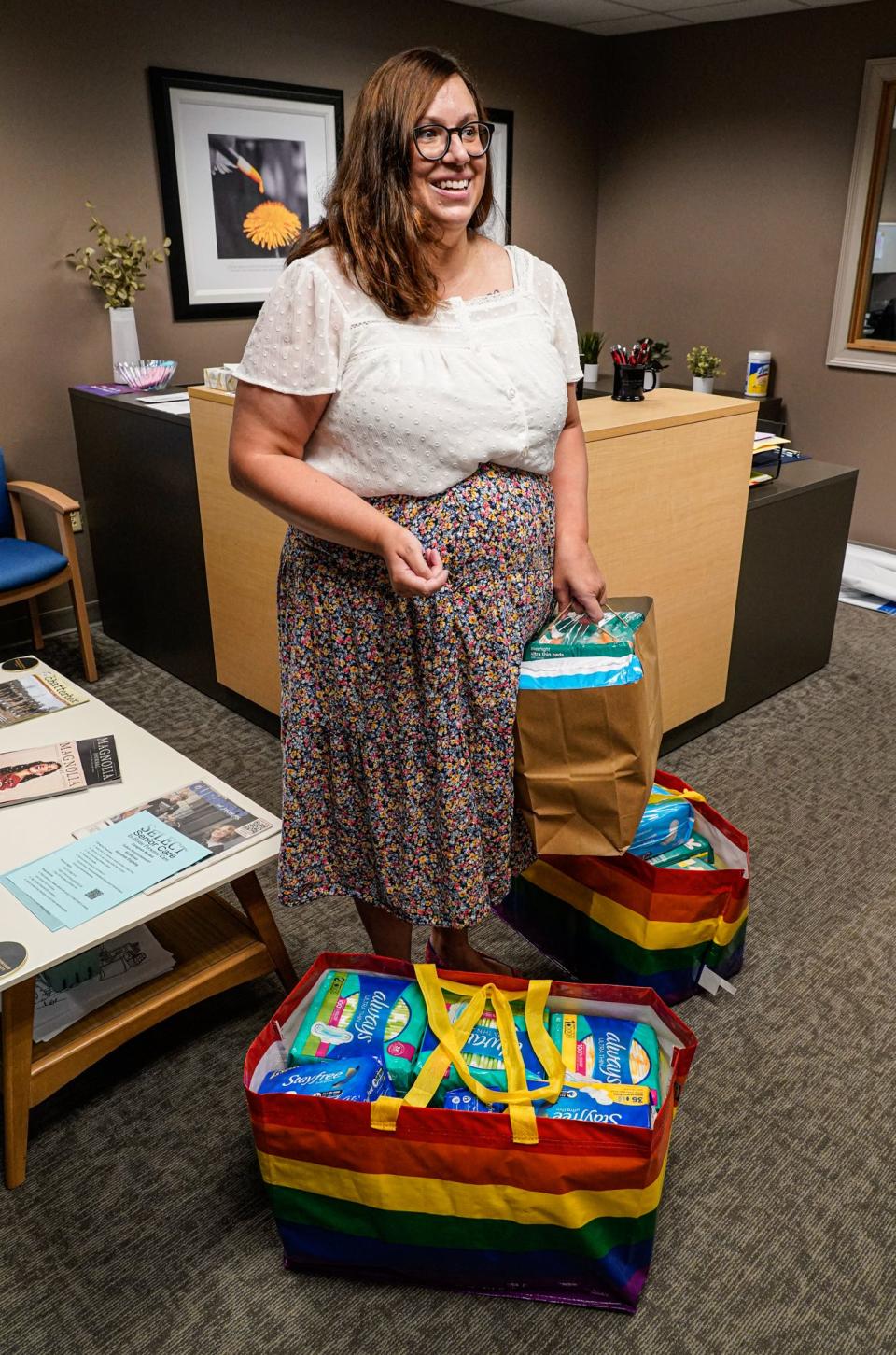 HamCo Love founder Jennifer Harmon delivers donated menstrual hygiene products on Tuesday, June 29, 2022, to the Delaware Township Trustees Food Pantry for distribution to those in need. HamCo Love is a nonprofit based in Hamilton County which provides products for menstrual hygiene management. 