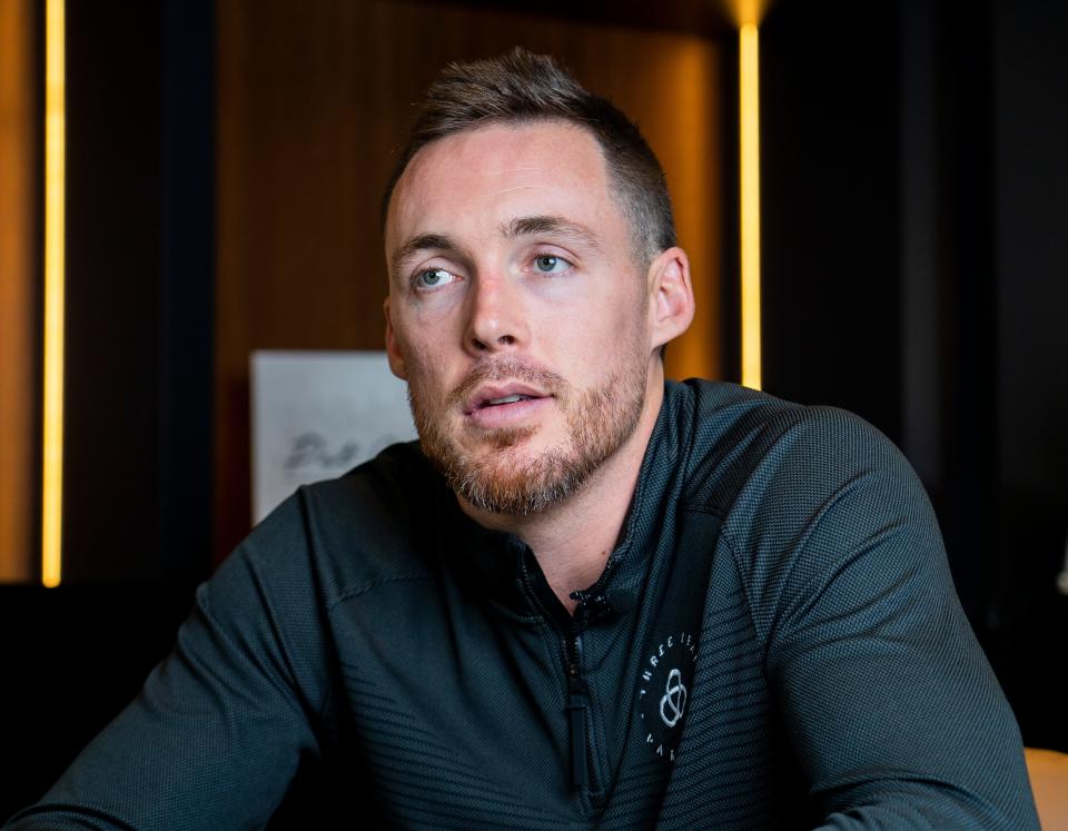 Milwaukee Bucks guard Pat Connaughton talks at the offices of Three Leaf Partners about his off-court business endeavors.