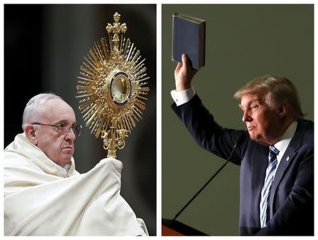 Pope Francis leads the First Vespers and Te Deum prayers in Saint Peter's Basilica at the Vatican December 31, 2015 and U.S. Republican presidential candidate Donald Trump (R) holds up a copy of the Bible he said his mother gave him as a youth during a campaign rally in Council Bluffs, Iowa, December 29, 2015 in a combination of file photos. REUTERS/Max Rossi/Lane Hickenbottom/Files