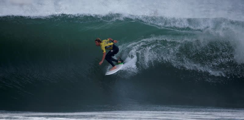 FILE PHOTO: John John Florence of Hawaii surfs during the final of WSL championship at Supertubo beach in Peniche