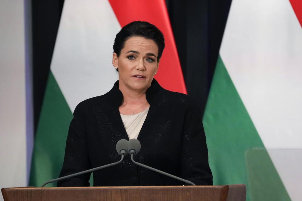 FILE - Hungarian President Katalin Novàk delivers her speech during Pope Francis' meeting with the authorities, civil society, and the diplomatic corps in the former Carmelite Monastery in Budapest, Hungary, April 28, 2023. Hungary’s conservative president has resigned amid public outcry over a pardon she granted to a man convicted as an accomplice in a child sexual abuse case, a decision that unleashed an unprecedented political scandal for the long-serving nationalist government. Katalin Novák, 46, announced in a televised message on Saturday Feb. 10, 2024, that she would step down from the presidency, an office she has held since 2022. (AP Photo/Andrew Medichini, Pool, File)