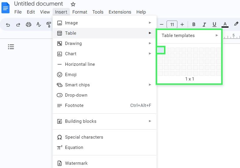 A screenshot of a blank Google Doc with the Table Templates tab open.