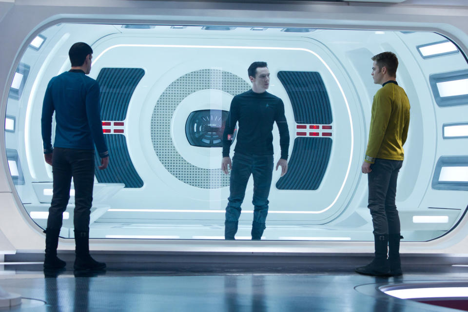 Spoke (Zachary Quinto) and Kirk (Chris Pine) interrogate Khan (Benedict Cumberbatch) in Star Trek: Into Darkness. (Photo: Paramount/Courtesy Everett Collection)