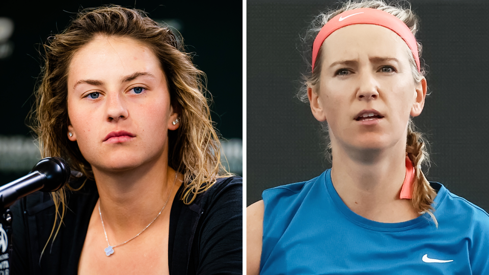 Ukraine player Marta Kostyuk (pictured left) during a media conference and (pictured right) Victoria Azarenka during a tennis match.