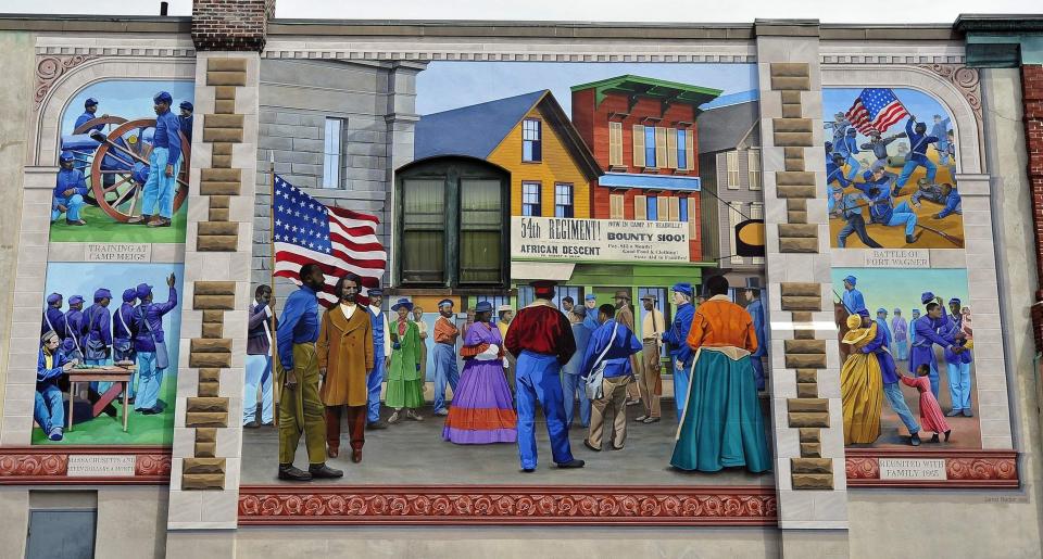New Bedford's mural honoring the 54th Massachusetts Volunteer Infantry Regiment. More than 60 New Bedford men fought in one of the first Black regiments, during the Civil War.