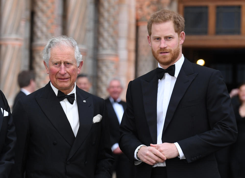 Prince Charles and Prince Harry attending the World Premiere of Our Planet at the Natural History Museum, London. Photo dated 4th April, 2019. Copyright should read: Doug Peters/EMPICS