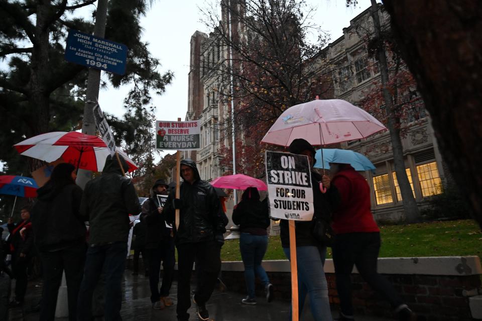 Teachers and supporters picket in front of John Marshall High School in the first teacher strike in Los Angeles Unified in 30 years in 2019.