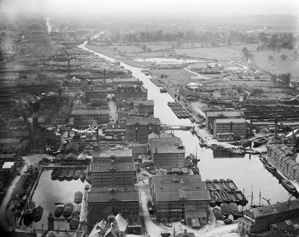 Aerial view of warehouses around a canal