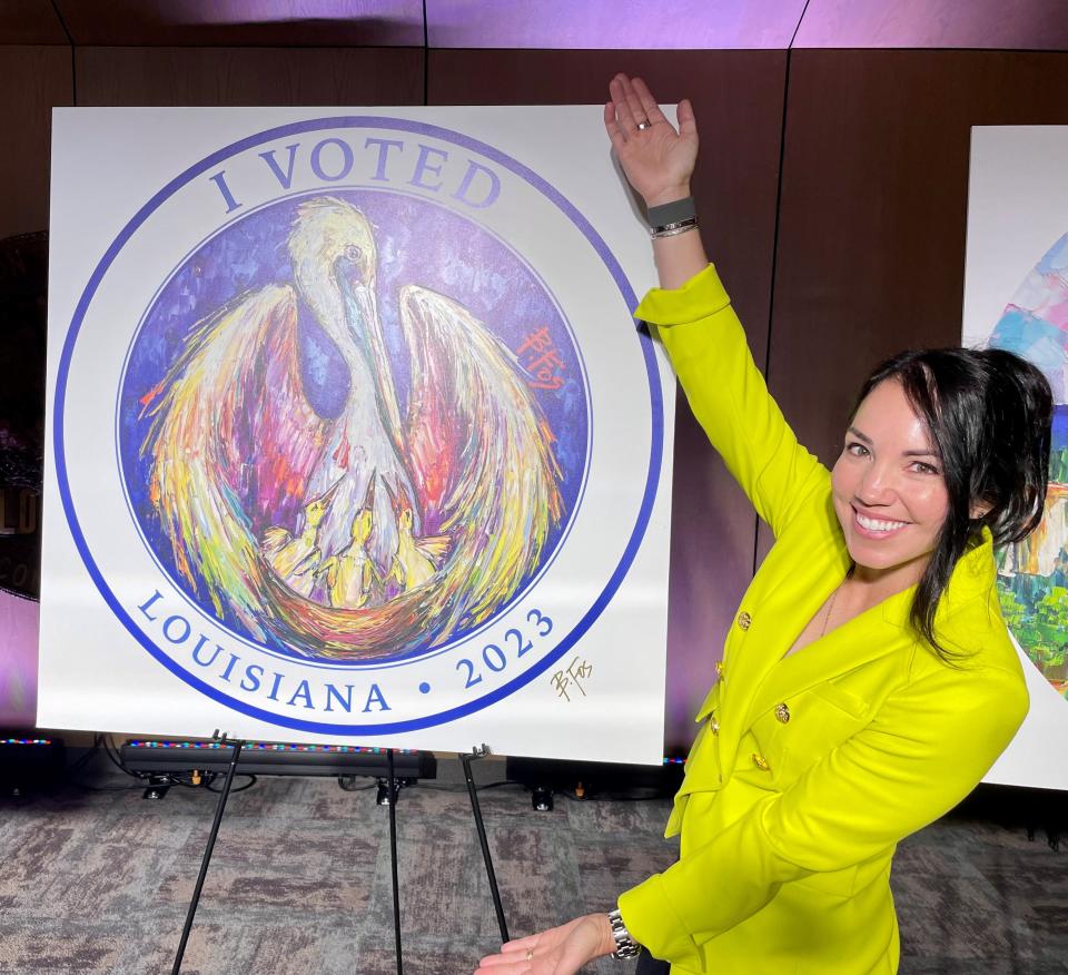 New Orleans artist Becky Fos has created the artwork for Louisiana's latest "I voted" stickers. She unveiled the art and sticker design, called "Confidence," at the Louisiana State Archives with Secretary of State Kyle Ardoin on Monday, Aug. 7, 2023.