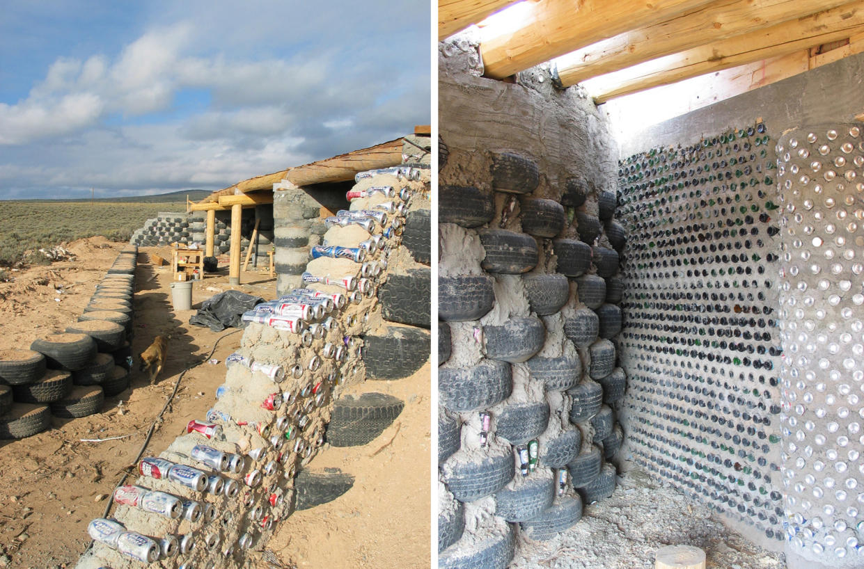 Discarded tires, bottles, and cans are used to build the walls of an Earthship near Taos, N.M. (Earthship Biotecture)