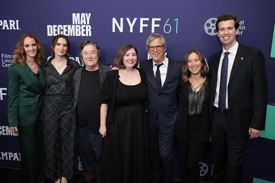 x (L-R) Jessica Elbaum, Sophie Mas, Christine Vachon, Samy Burch, Todd Haynes, Pamela Koffler and Grant S. Johnson attend the red carpet for "May December" during the 61st New York Film Festival at Alice Tully Hall, Lincoln Center on September 29, 2023 in New York City.