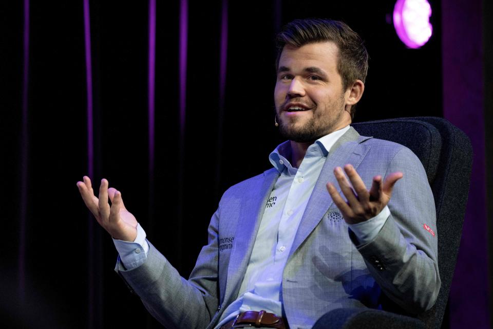 Norwegian chess player Magnus Carlsen takes part in the Energy Denmark Champions Battle 2019 in the Circus Building, in Copenhagen, on May 22, 2019. (Photo by Claus Bech / Ritzau Scanpix / AFP) / Denmark OUT        (Photo credit should read CLAUS BECH/AFP via Getty Images)