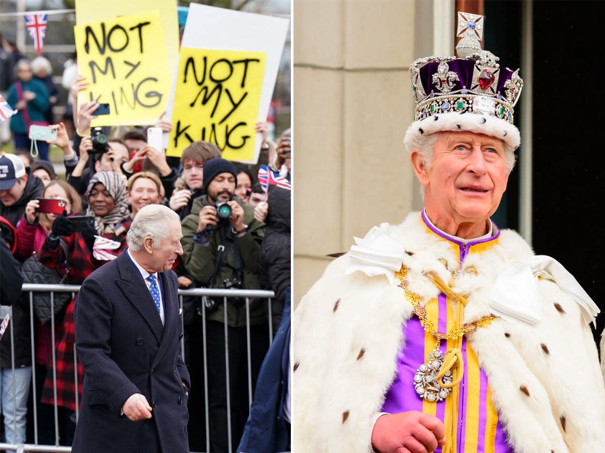 A side-by-side of King Charles in front of signs that say "not my king" and King Charles on the balcony of Buckingham Palace.