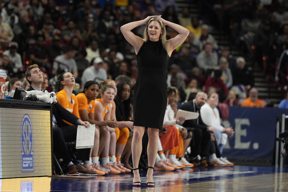 Tennessee head coach Kellie Harper reacts during the second half of an NCAA college basketball game against South Carolina at the Southeastern Conference women's tournament Saturday, March 9, 2024, in Greenville, S.C. (AP Photo/Chris Carlson)