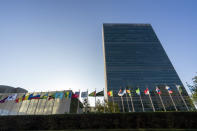 Member state flags fly outside the United Nations headquarters during the 75th session of the United Nations General Assembly, Wednesday, Sept. 23, 2020. This year's annual gathering of world leaders at U.N. headquarters will be almost entirely "virtual." Leaders have been asked to pre-record their speeches, which will be shown in the General Assembly chamber, where each of the 193 U.N. member nations are allowed to have one diplomat present. (AP Photo/Mary Altaffer)