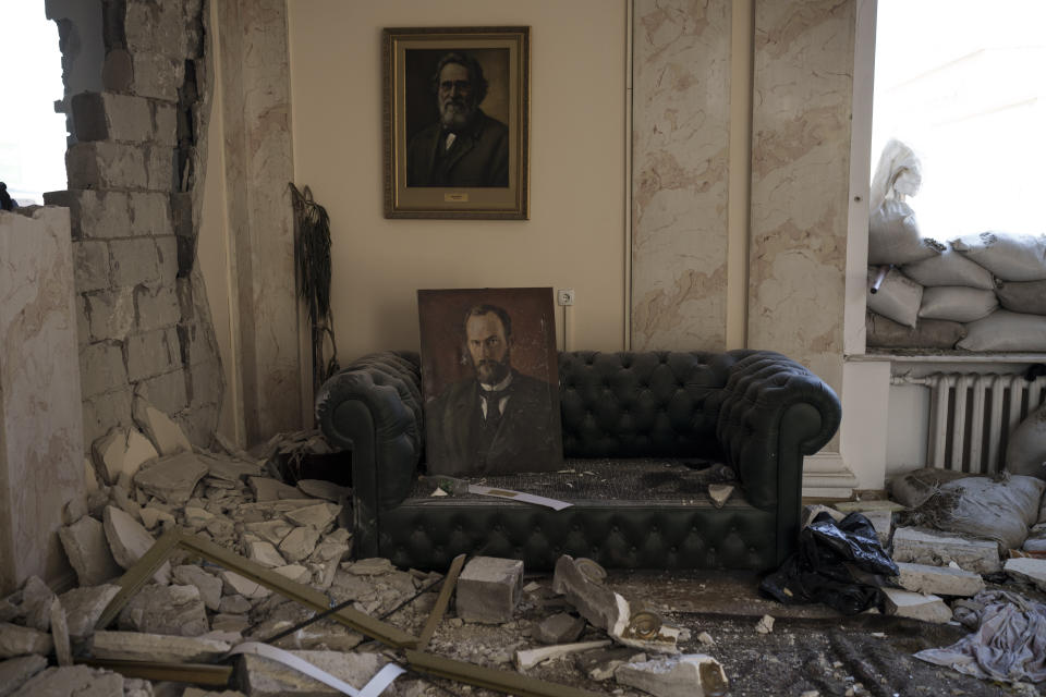 Inside view of the regional administration building, heavily damaged after a Russian attack earlier this month in Kharkiv, Ukraine, Thursday, March 24, 2022. (AP Photo/Felipe Dana)