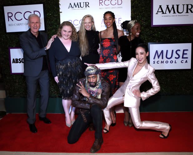 BEVERLY HILLS, CALIFORNIA - FEBRUARY 21: James Cameron, Danielle Macdonald, Suzy Amis Cameron, Samata Pattinson, Lakeith Stanfield, Fiona Xie, and Laura Harrier attend Suzy Amis Cameron's 10-Year Anniversary Of RCGD Celebration on February 21, 2019 in Beverly Hills, California. 