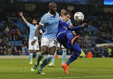 Football Soccer - Manchester City v Dynamo Kiev - UEFA Champions League Round of 16 Second Leg - Etihad Stadium, Manchester, England - 15/3/16 Manchester City's Eliaquim Mangala in action with Dynamo Kiev's Oleksandr Yakovenko Action Images via Reuters / Jason Cairnduff Livepic EDITORIAL USE ONLY.