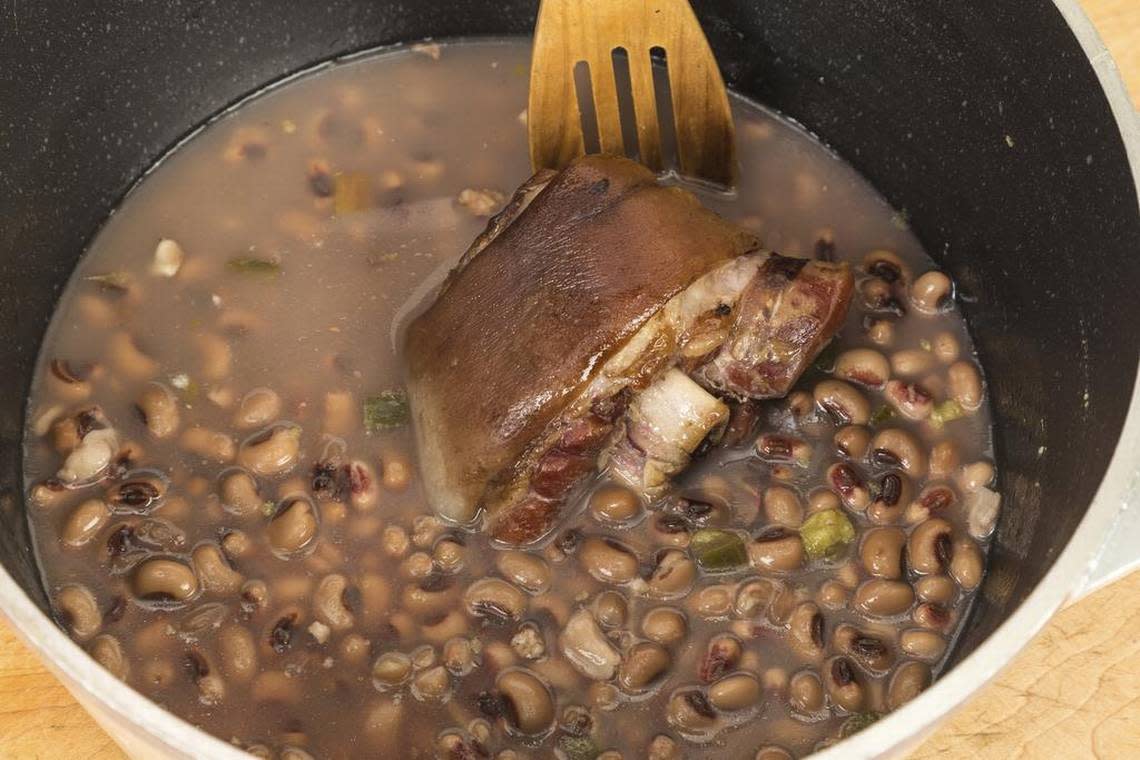 Pot of black-eyed peas with ham hock
