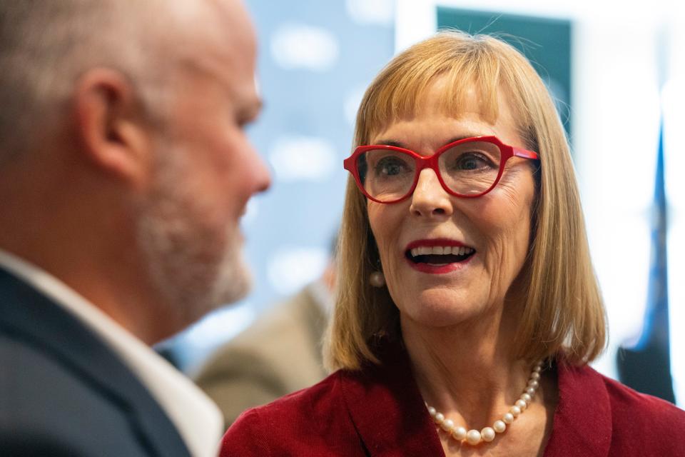 Lt. Gov. Suzanne Crouch talks with an attendee before the start of the National Federation of Independent Businesses gubernatorial candidate forum and luncheon on Tuesday, March 19, 2024, at the Wellington Fishers Banquet & Conference Center in Fishers, Indiana.