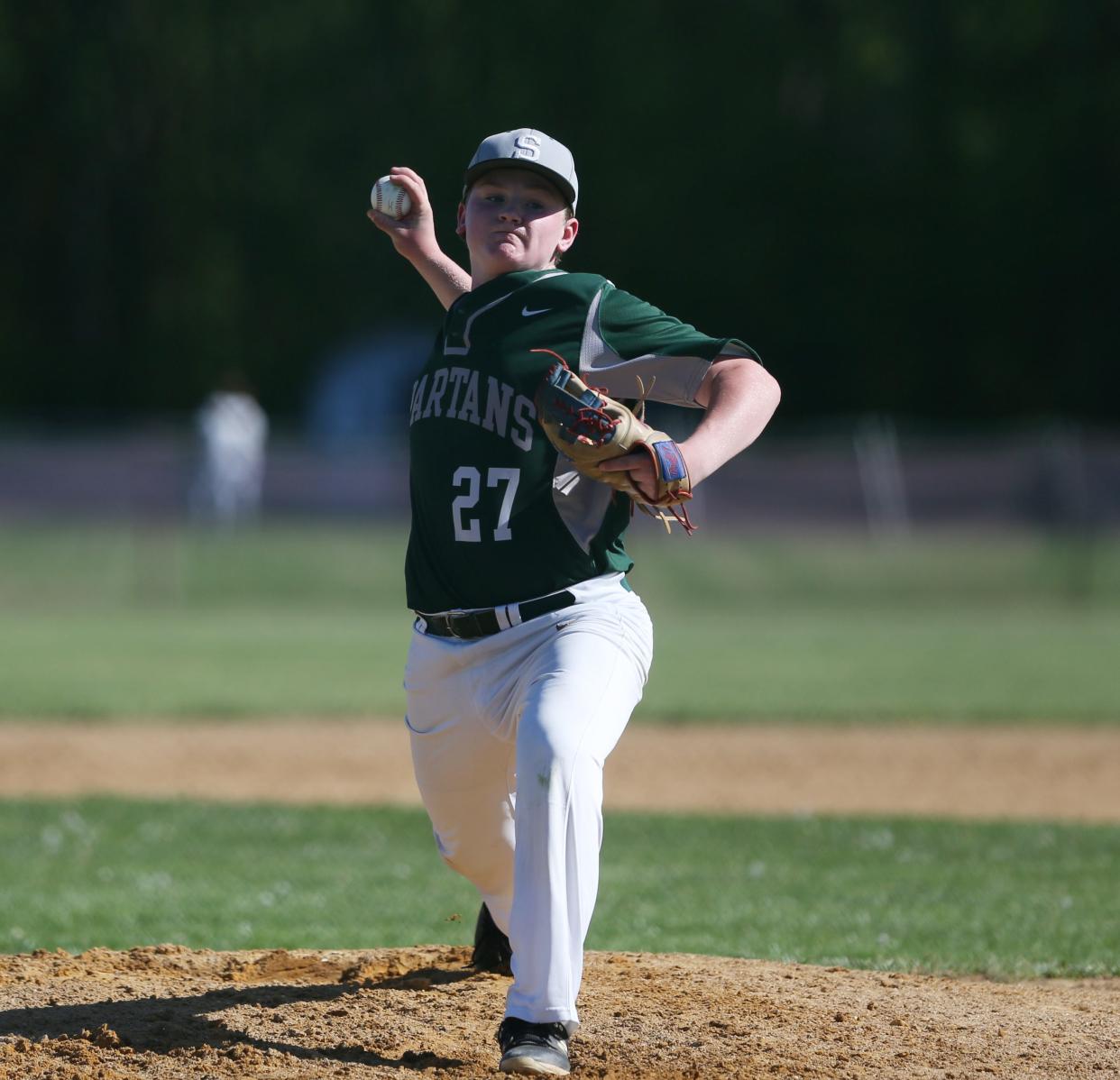 Spackenkill's pitcher, Martin McQuade, on the mound during a game versus New Paltz on May 7, 2024.